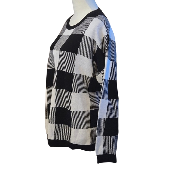 d& co Denim & Company Black and White Checkered Sweater Crew Neck Women's L - Picture 2 of 11